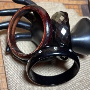 3 Chic Bracelets-Faceted Metalic, Black w Rhinestone, Brown Faux Wood Bangle GUC